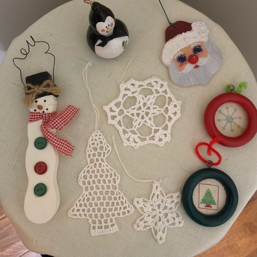 Lot of 8 Vintage Christmas Handmade Ornaments snowman snowflake santa penguin